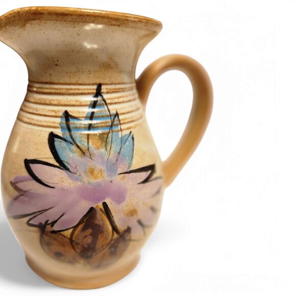 Vintage Hand-Painted Floral Pitcher Vase – Glazed Terracotta Clay Pottery, 6" H - Picture 6 of 9